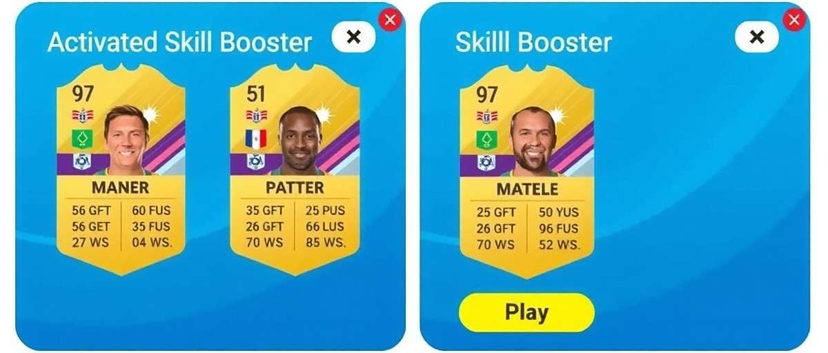 FIFA Mobile Player with Activated Skill Booster FIFA Mobile player card with activated Skill Booster showing improved stats