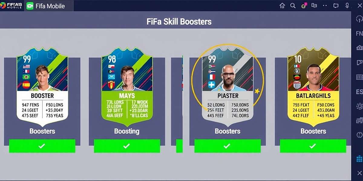 FIFA Mobile Skill Boosters Interface FIFA Mobile Skill Boosters interface showing various booster cards