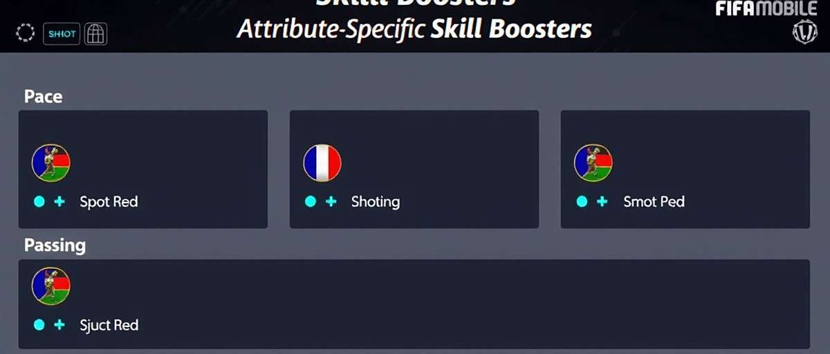 FIFA Mobile Attribute-Specific Boosters FIFA Mobile Attribute-Specific Skill Boosters menu showing pace, shooting and passing options